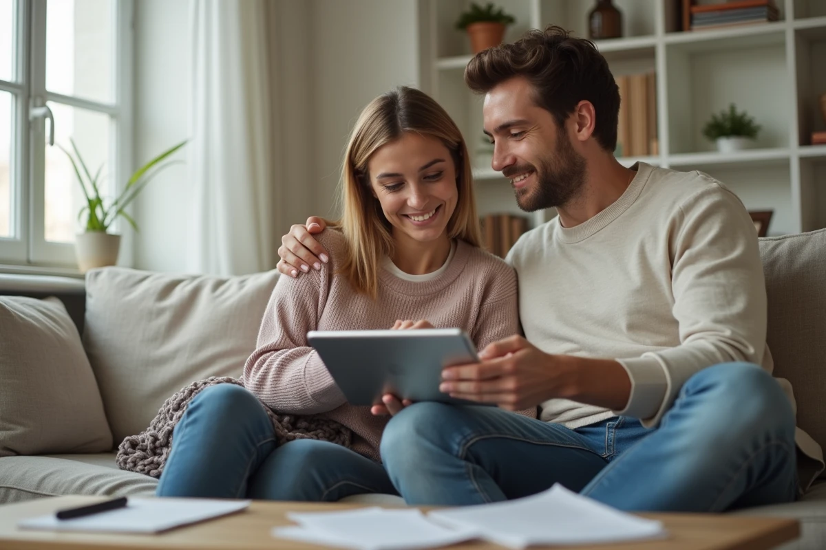 Deux amis comparant des achats en ligne sur une tablette dans un salon moderne