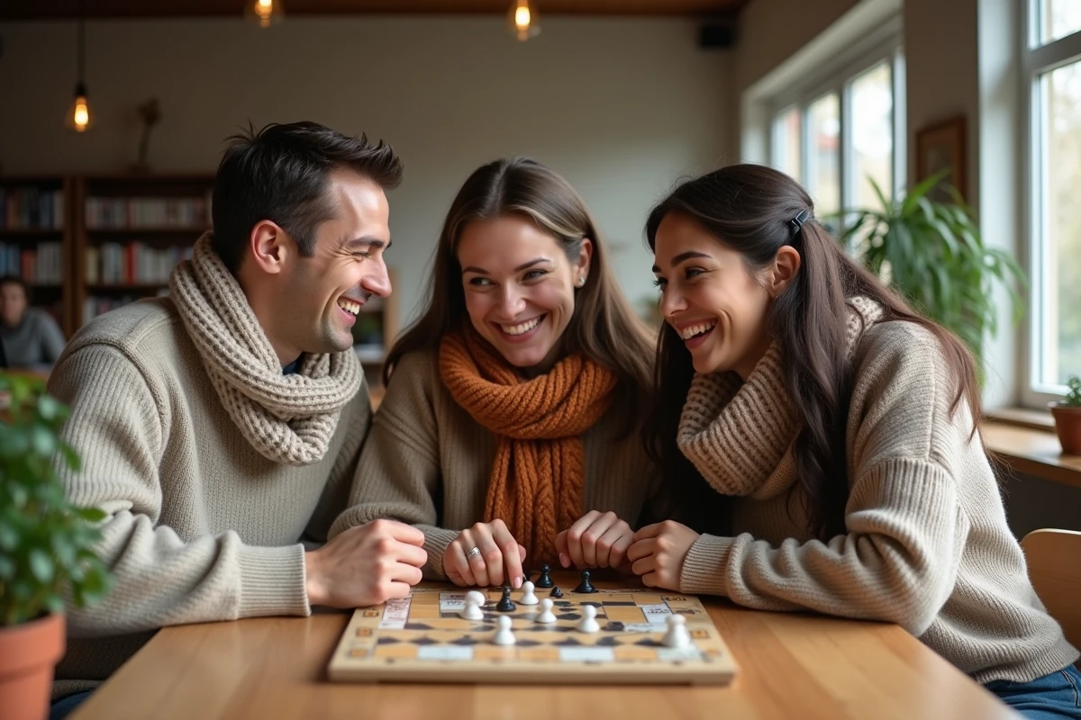 Trois amis jouant à un jeu de société dans un centre communautaire
