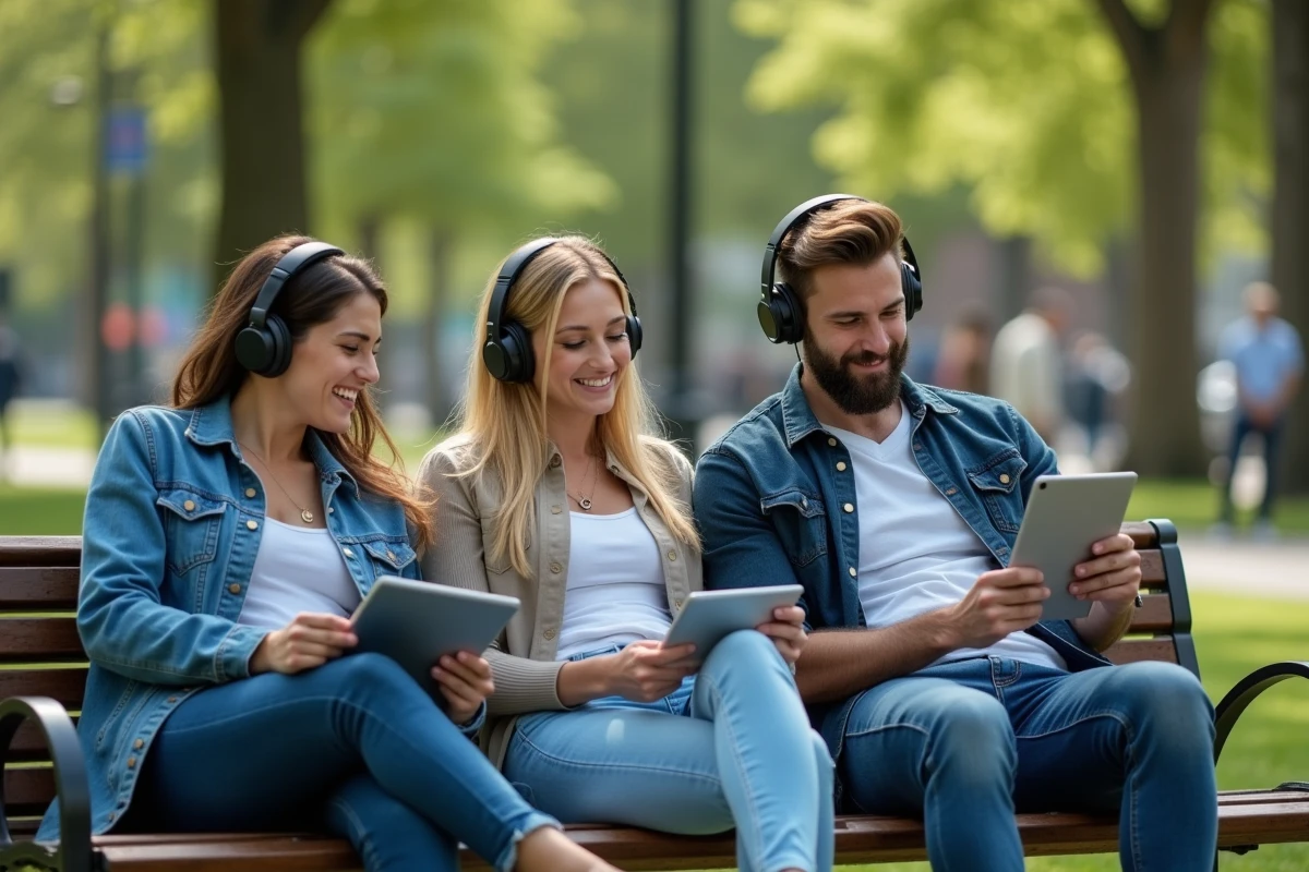 Trois amis partageant des écouteurs dans un parc en été