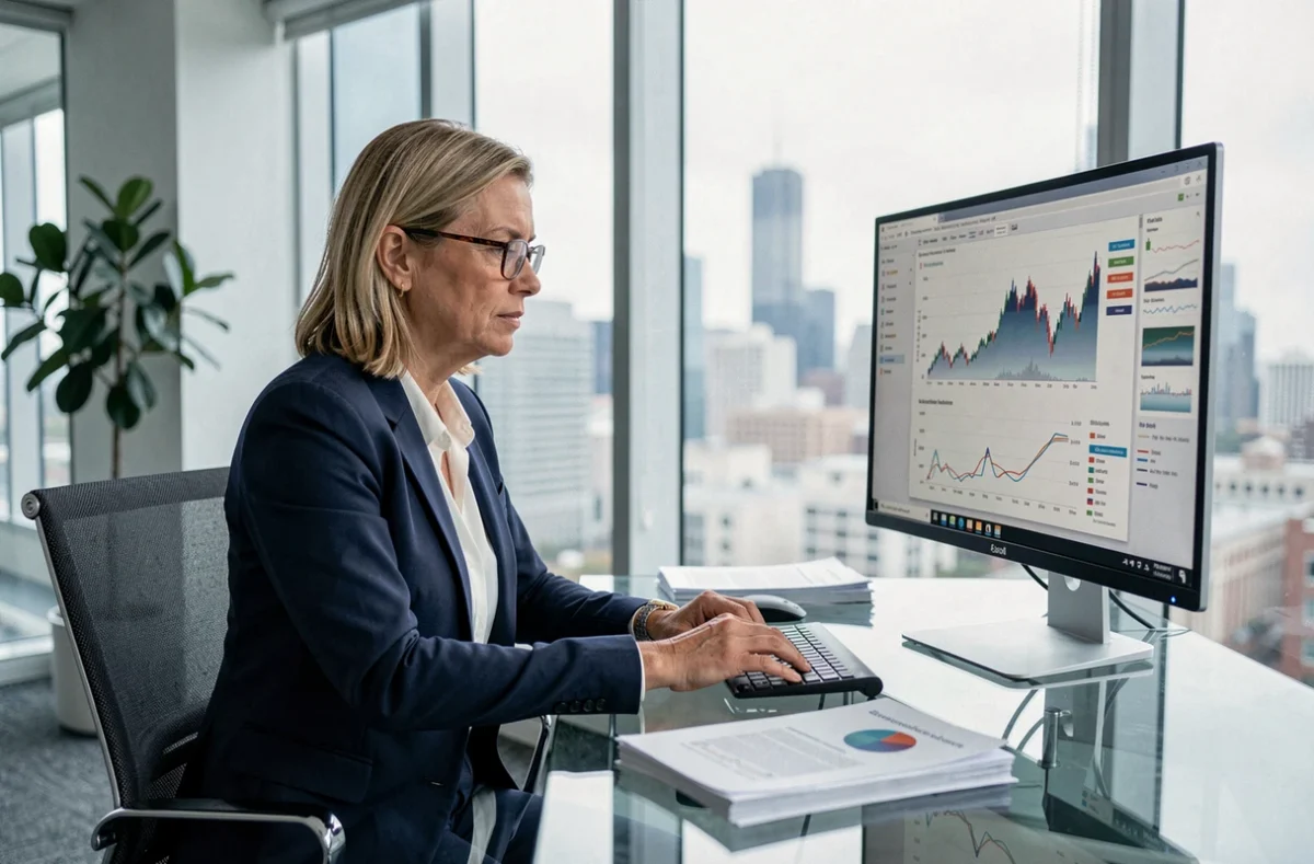 Analyste financière en blazer marine examinant des graphiques boursiers sur un grand écran dans un bureau moderne avec vue sur la ville