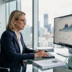 Analyste financière en blazer marine examinant des graphiques boursiers sur un grand écran dans un bureau moderne avec vue sur la ville