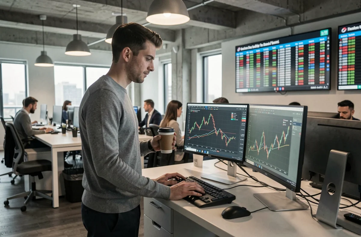 Jeune analyste fintech debout devant un poste de travail multi-écrans affichant des tendances de marché financier dans un espace de bureau ouvert