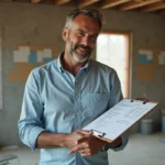 Architecte spécialiste tenant un devis de rénovation dans un appartement en travaux avec murs en briques apparentes