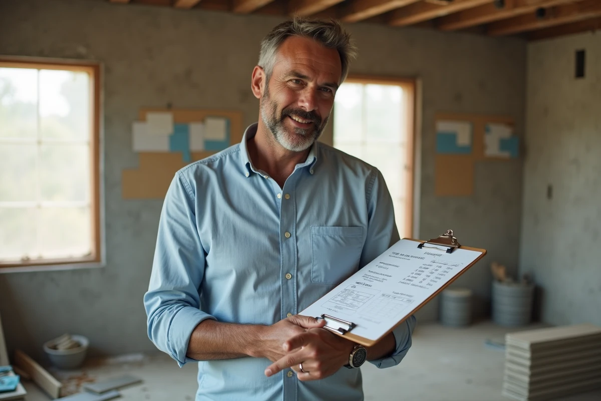 Architecte spécialiste tenant un devis de rénovation dans un appartement en travaux avec murs en briques apparentes