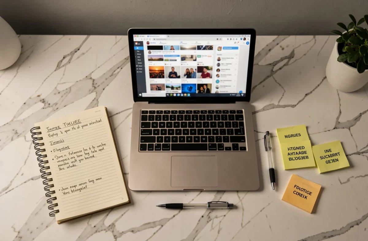 Bureau de journaliste avec ordinateur portable, notes manuscrites et post-it illustrant la chronologie du scandale leak Miel ABT 2026