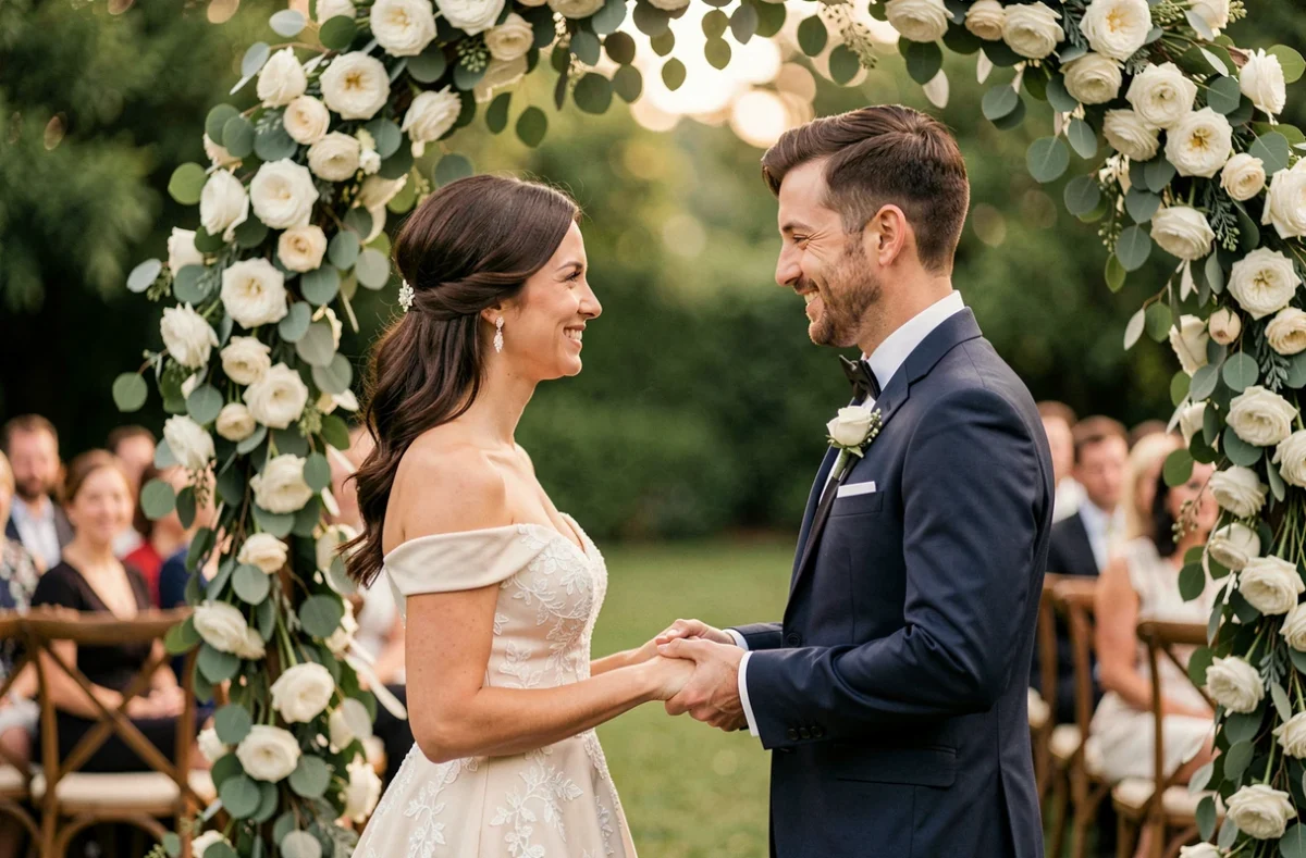 Mariés échangeant leurs vœux sous une arche fleurie de roses blanches dans un jardin verdoyant lors d'une cérémonie de mariage en plein air