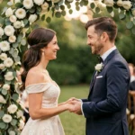Mariés échangeant leurs vœux sous une arche fleurie de roses blanches dans un jardin verdoyant lors d'une cérémonie de mariage en plein air