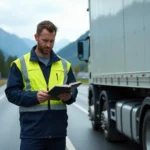Chauffeur poids lourd suisse en gilet haute visibilité debout près de son camion sur une aire d'autoroute avec les Alpes en arrière-plan