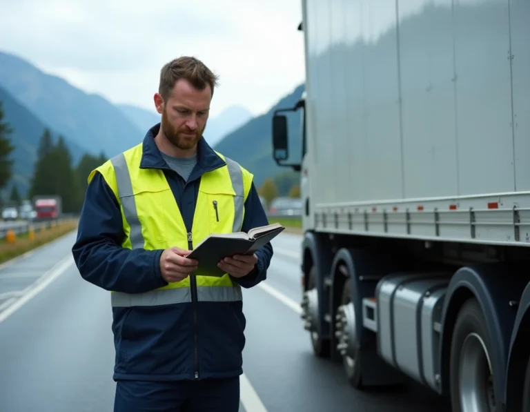 Chauffeur poids lourd suisse en gilet haute visibilité debout près de son camion sur une aire d'autoroute avec les Alpes en arrière-plan