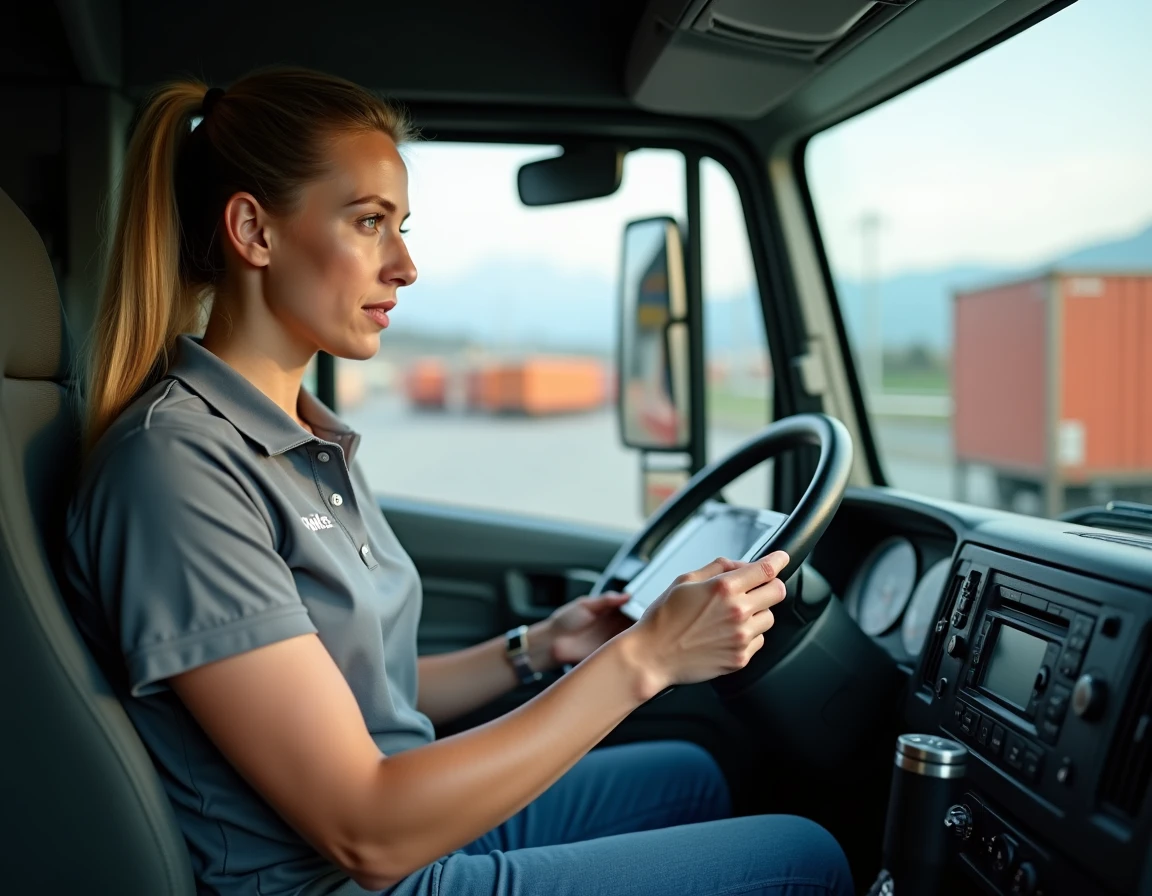 Vrouwelijke vrachtwagenchauffeur in de cabine die een digitale routeplanner bekijkt in een Zwitserse logistieke opslag