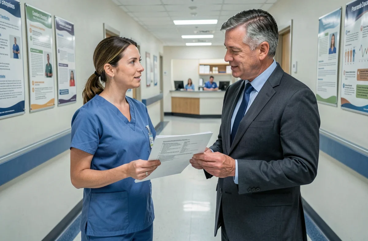 Professionnels de santé discutant de la gestion administrative dans un couloir d'hôpital