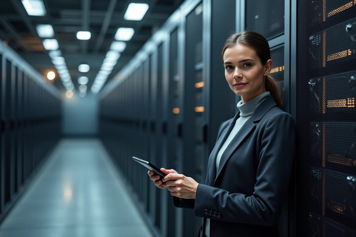 Consultante IT debout devant une baie de serveurs dans un datacenter sécurisé, tenant une tablette de conformité