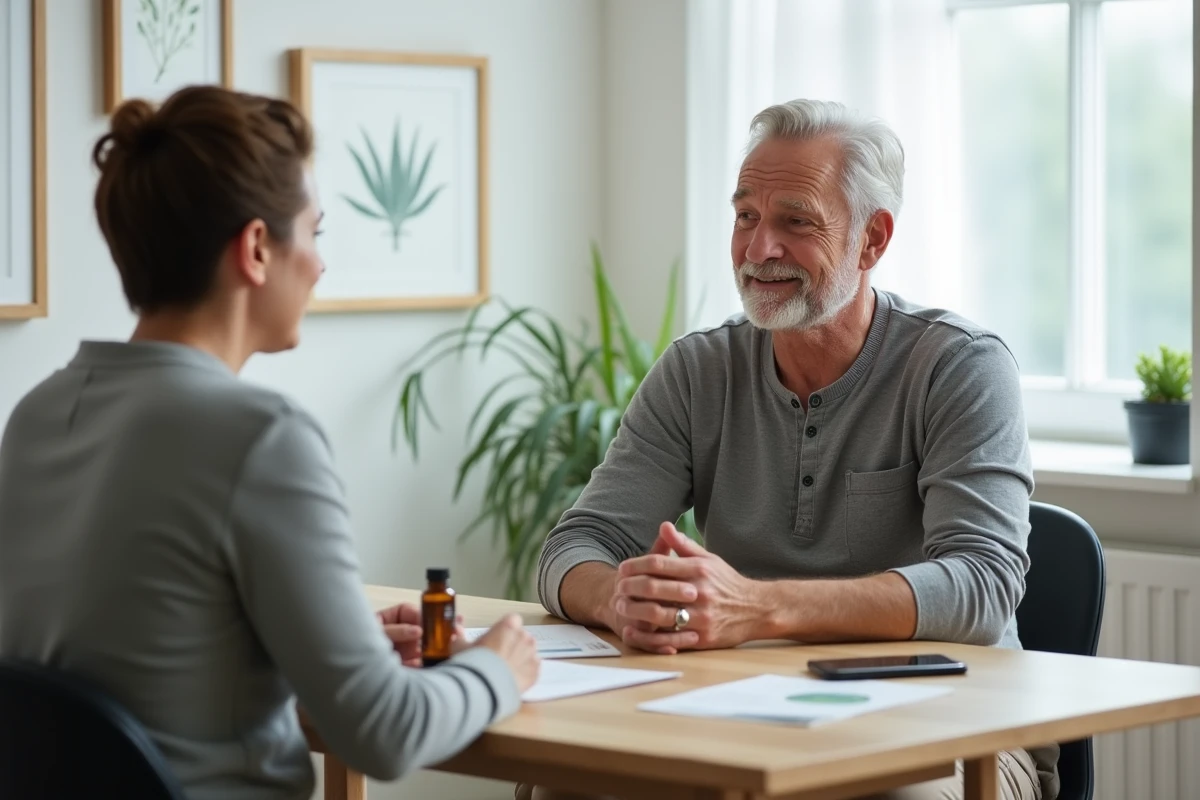 Patient consultant un naturopathe avec un flacon de Phytargile concentré posé sur le bureau