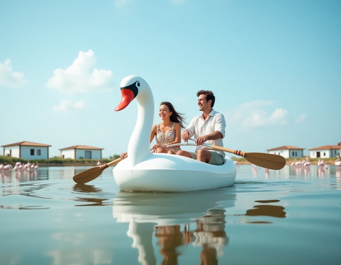 Couple en pédalo cygne sur l'étang de Palavas-les-Flots près de Montpellier