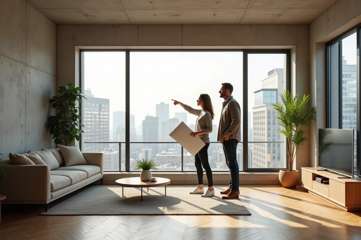Couple visitant un appartement rénové moderne avec parquet et vue sur la ville pour un investissement immobilier