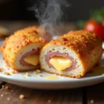 Cordon bleu doré coupé en deux révélant le fromage fondu et le jambon, servi sur une assiette blanche avec de la vapeur