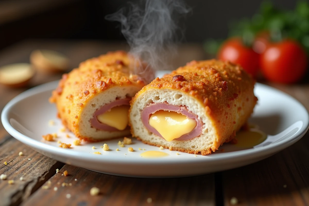 Cordon bleu doré coupé en deux révélant le fromage fondu et le jambon, servi sur une assiette blanche avec de la vapeur