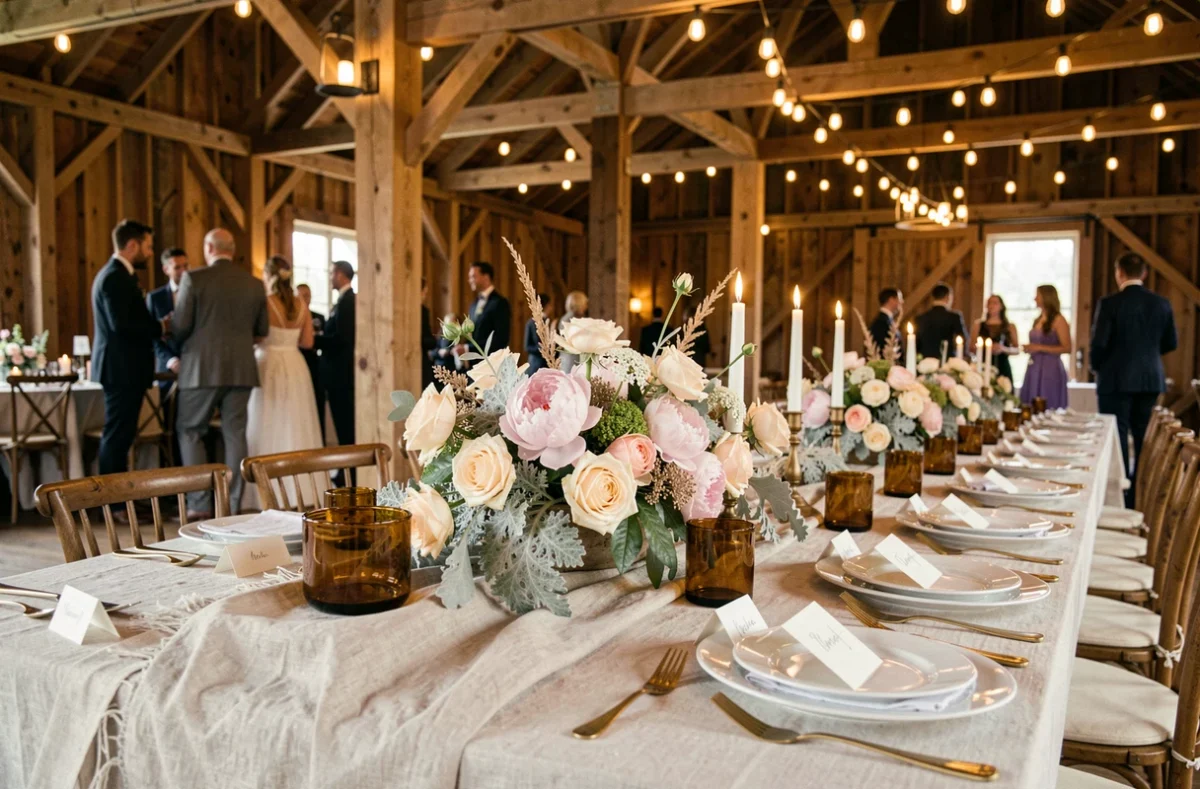 Longue table de réception de mariage décorée de fleurs, bougies et couverts dorés dans une grange rustique élégante