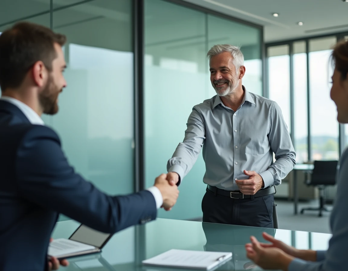 Man in a job interview shaking hands with a recruiter in a modern conference room