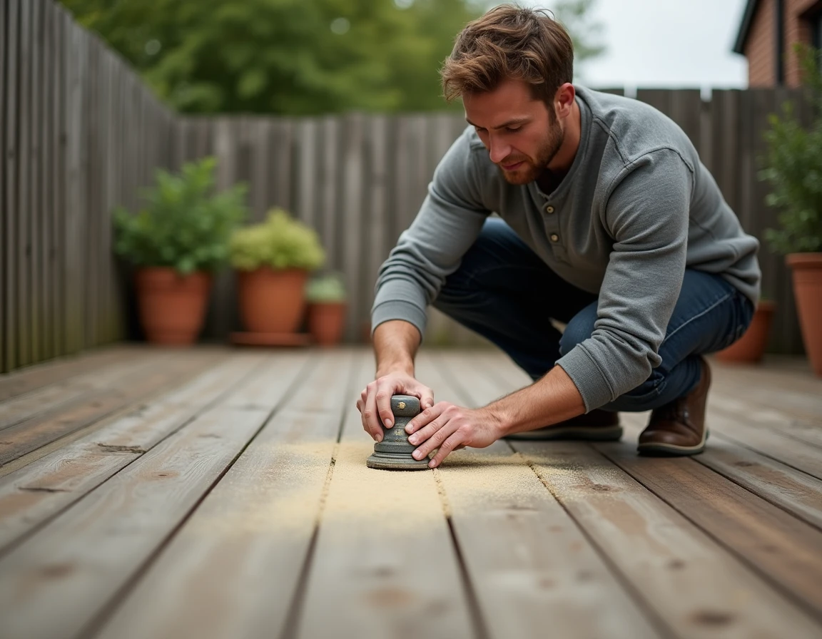 Homme ponçant une terrasse en bois extérieure dans un jardin, travaux d'entretien et de rénovation d'une terrasse
