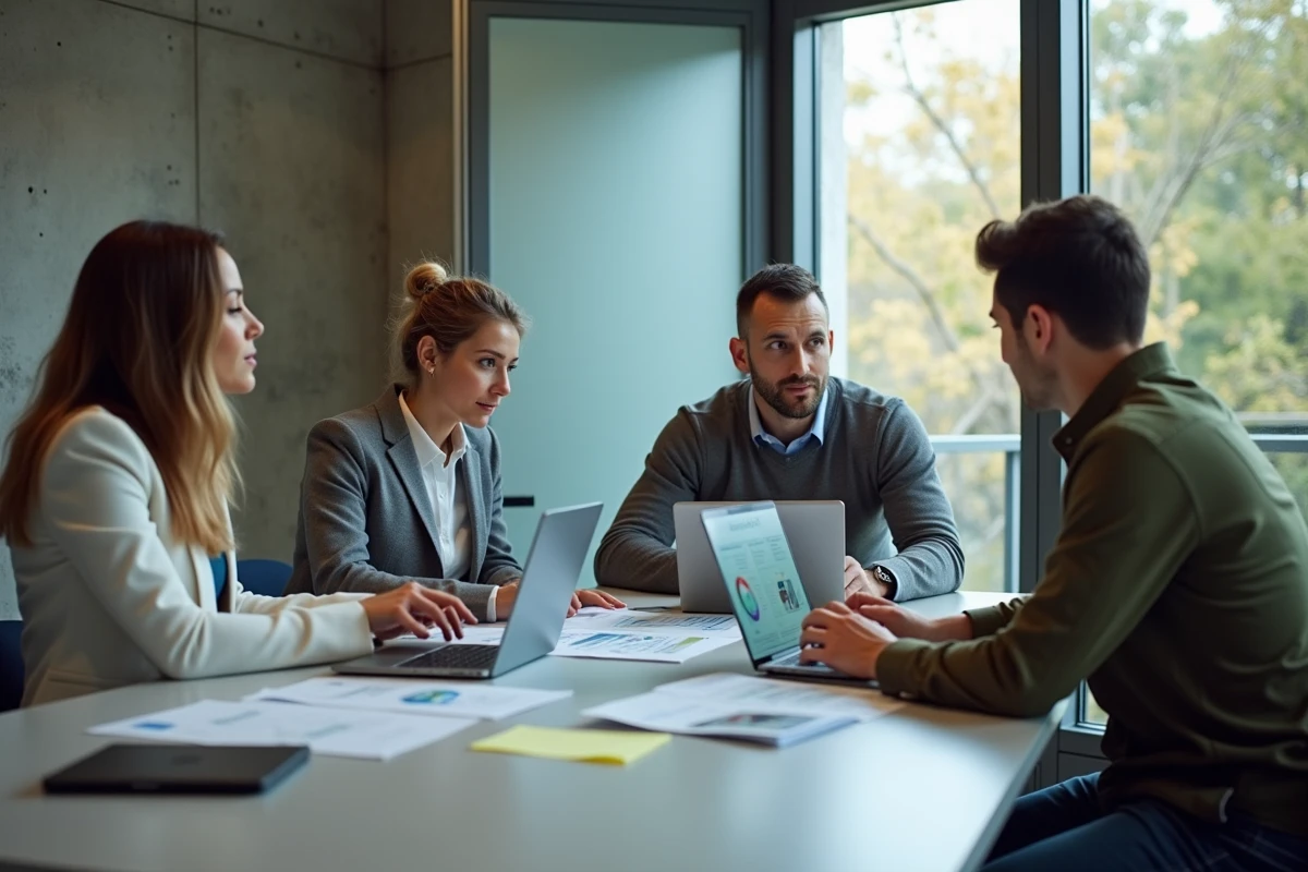 Équipe de professionnels en réunion autour de solutions informatiques sur mesure pour la cybersécurité d'entreprise