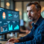 Expert en sécurité informatique analysant un tableau de bord réseau sur un écran incurvé dans un bureau moderne
