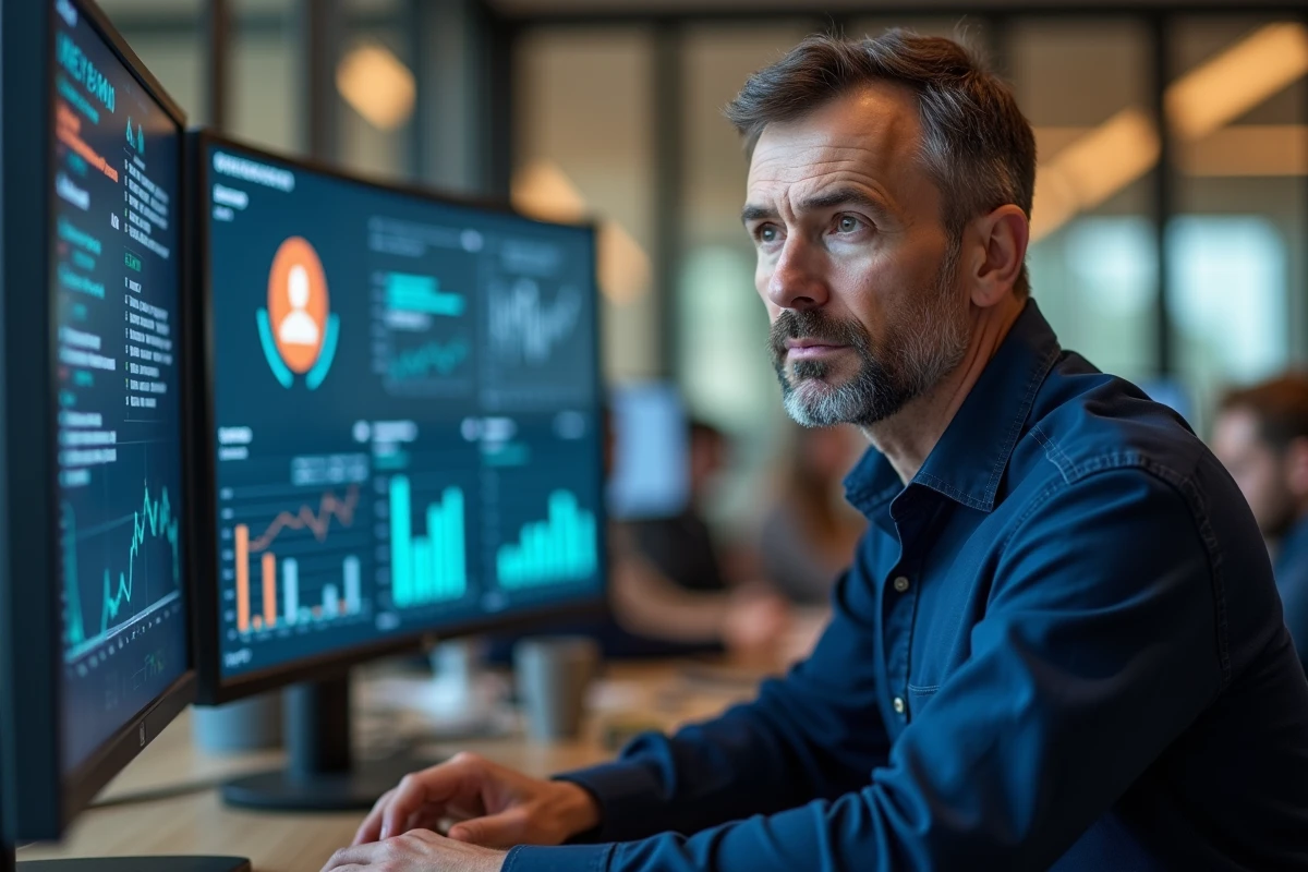 Expert en sécurité informatique analysant un tableau de bord réseau sur un écran incurvé dans un bureau moderne