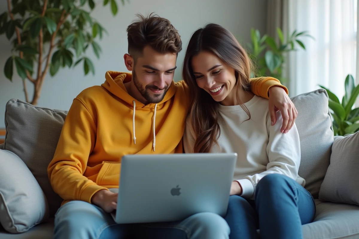 Deux amis explorant un dépôt d'applications sur ordinateur portable dans un salon moderne