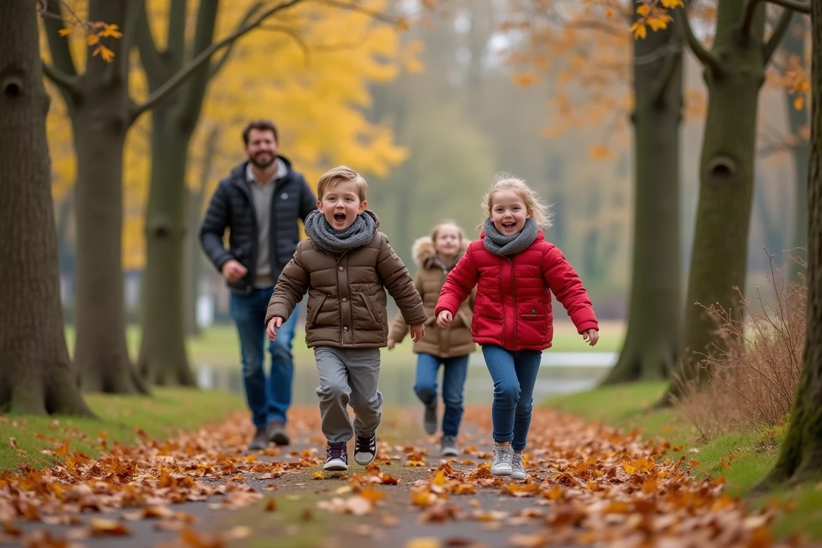 Famille en promenade dans un parc en automne avec feuilles