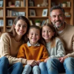 Famille heureuse dans le salon en automne avec livres et photos