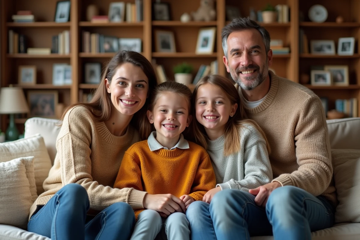 Famille heureuse dans le salon en automne avec livres et photos