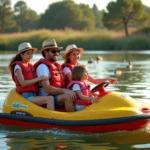 Famille faisant du pédalo sur un lac calme près de Montpellier en été