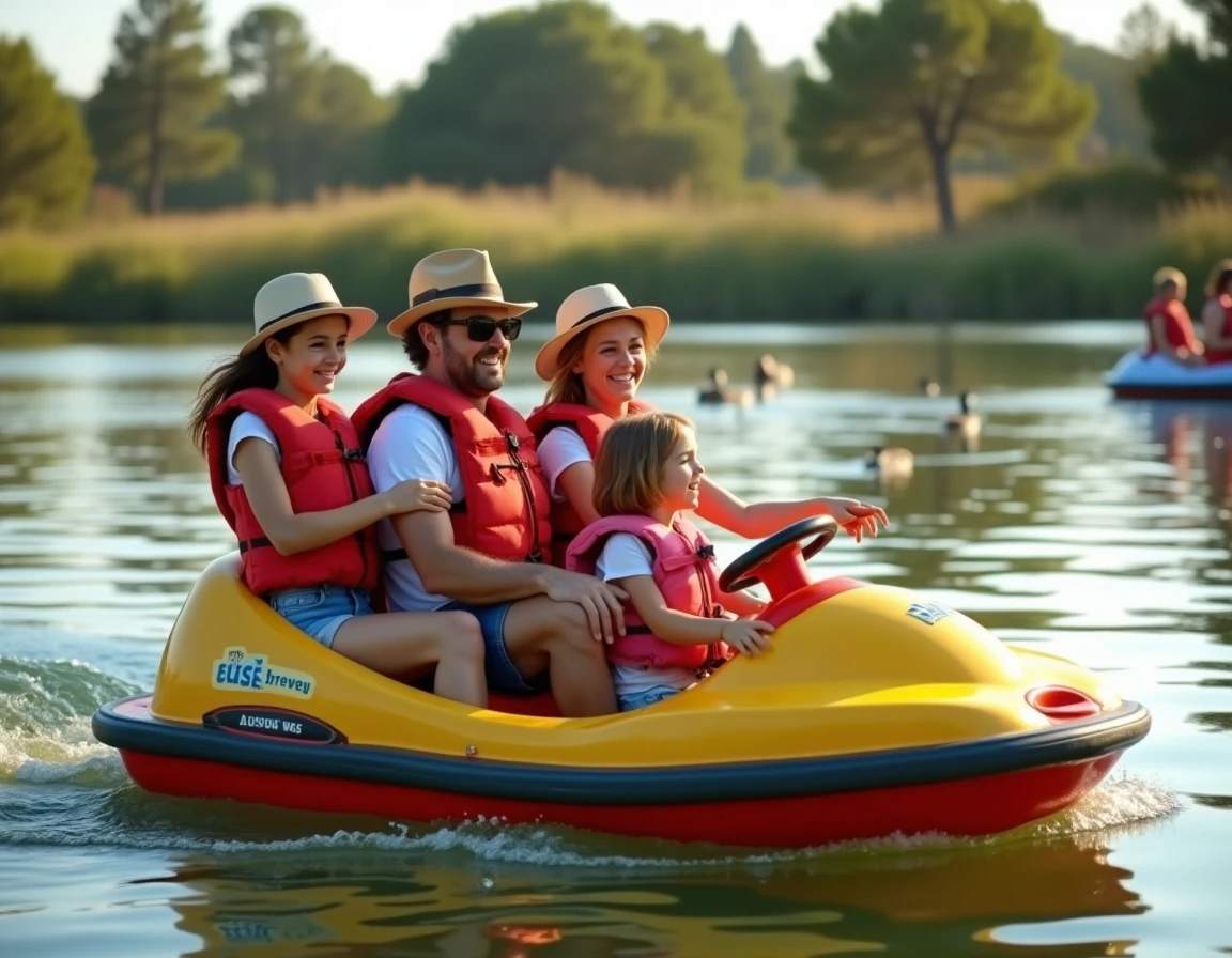 Famille faisant du pédalo sur un lac calme près de Montpellier en été