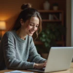 Femme faisant des achats en ligne sur un ordinateur portable dans un bureau à domicile cosy