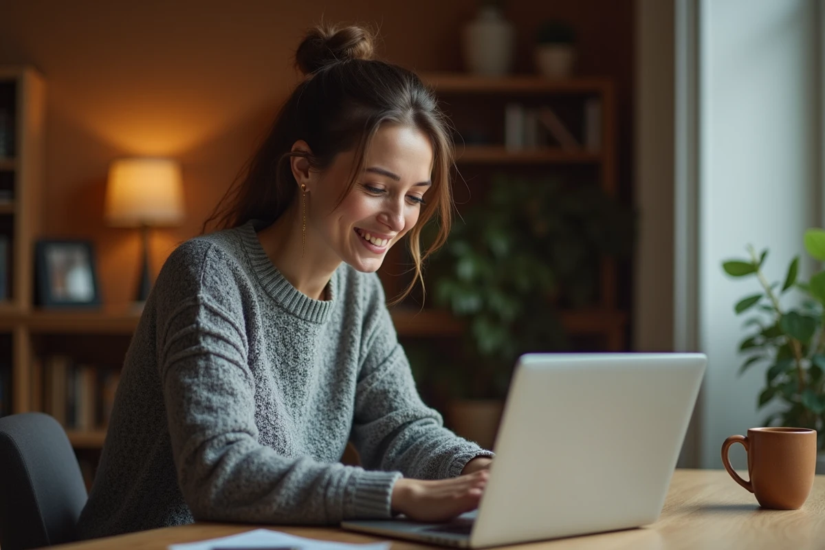 Femme faisant des achats en ligne sur un ordinateur portable dans un bureau à domicile cosy