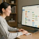 Jeune femme consultant la page sitemap d'un site web sur un grand écran dans un bureau minimaliste