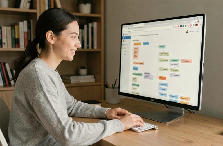 Jeune femme consultant la page sitemap d'un site web sur un grand écran dans un bureau minimaliste