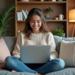 Jeune femme souriante regardant son ordinateur dans un salon cosy