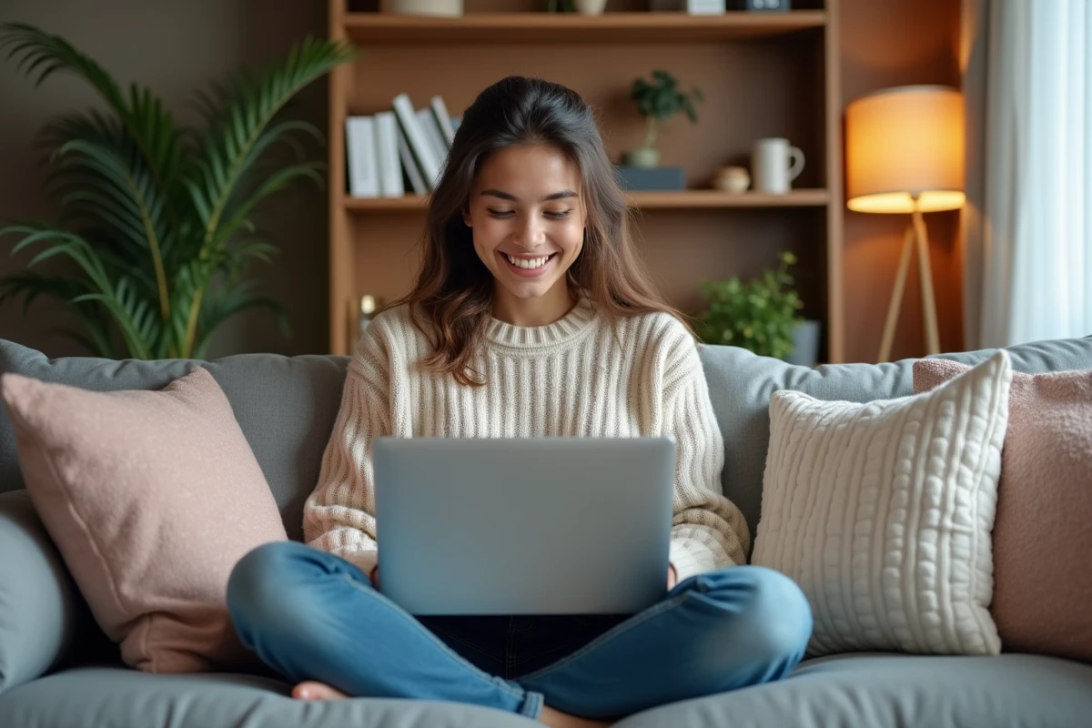 Jeune femme souriante regardant son ordinateur dans un salon cosy