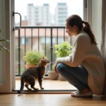 Jeune femme avec chaton à la porte d'entrée