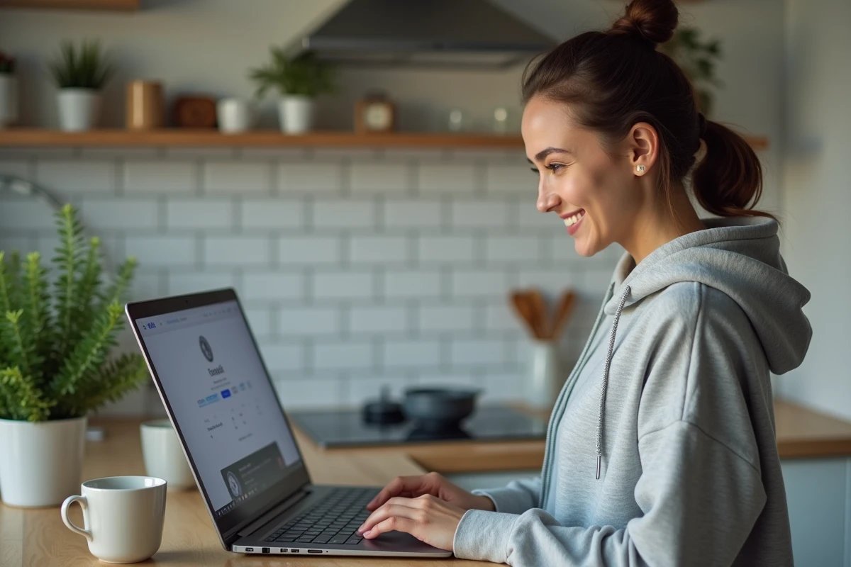 Femme souriante utilisant son laptop pour télécharger un fichier