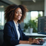 Femme développeuse dans un bureau tech moderne travaillant sur du code, symbole de l'émancipation des femmes dans le numérique