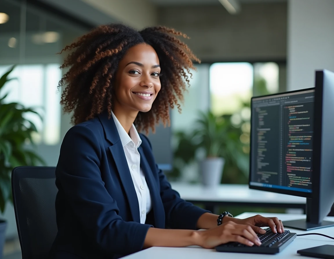 Femme développeuse dans un bureau tech moderne travaillant sur du code, symbole de l'émancipation des femmes dans le numérique