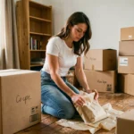 Femme organisant ses affaires dans des cartons lors d'un déménagement rapide dans un appartement