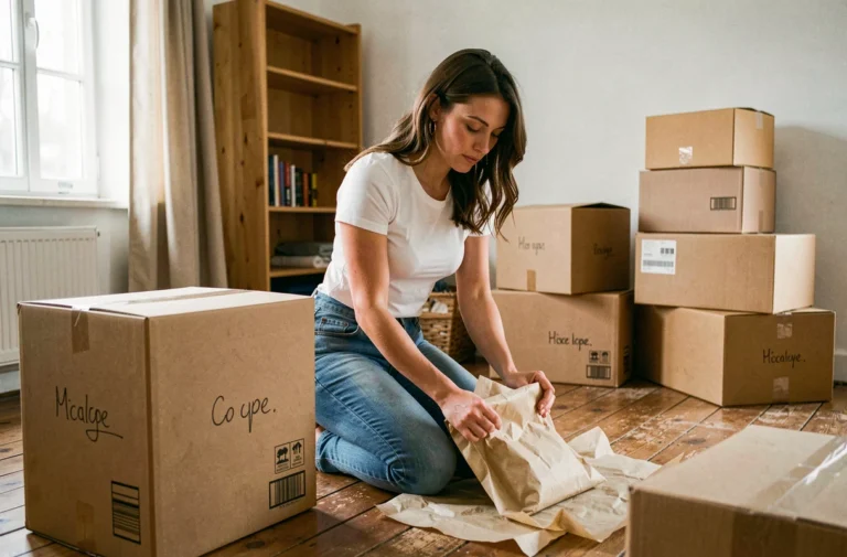 Femme organisant ses affaires dans des cartons lors d'un déménagement rapide dans un appartement