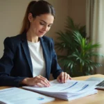 Femme préparant ses documents administratifs pour un rendez-vous Pôle emploi à son bureau à domicile