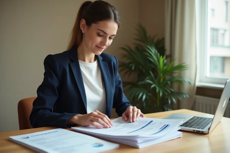 Femme préparant ses documents administratifs pour un rendez-vous Pôle emploi à son bureau à domicile