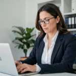 Femme professionnelle consultant des documents légaux sur un ordinateur portable dans un bureau moderne