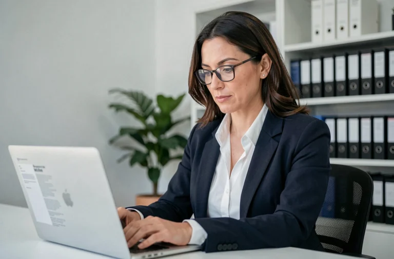 Femme professionnelle consultant des documents légaux sur un ordinateur portable dans un bureau moderne