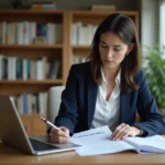 Femme consultant son CV et cherchant un emploi idéal depuis son bureau à domicile